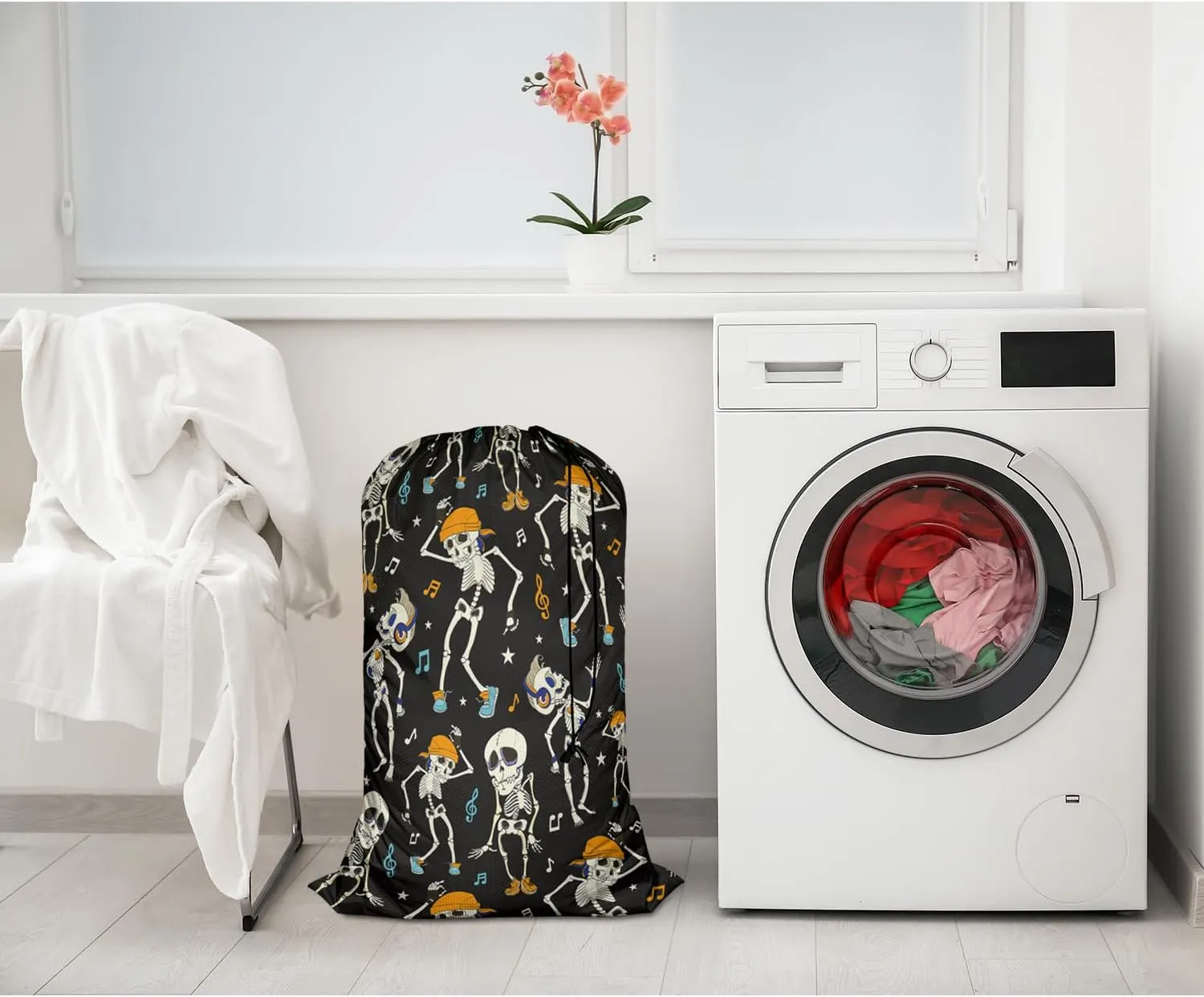 Swono Dancing Skeletons Heavy Duty Large Laundry Bags 1 Pack 28 x 40 inch Halloween Pattern XL Drawstring Travel Organizer Bag Fit Hamper Basket Camp Home College Dorm Tear Resistant Dirty Cloth Big