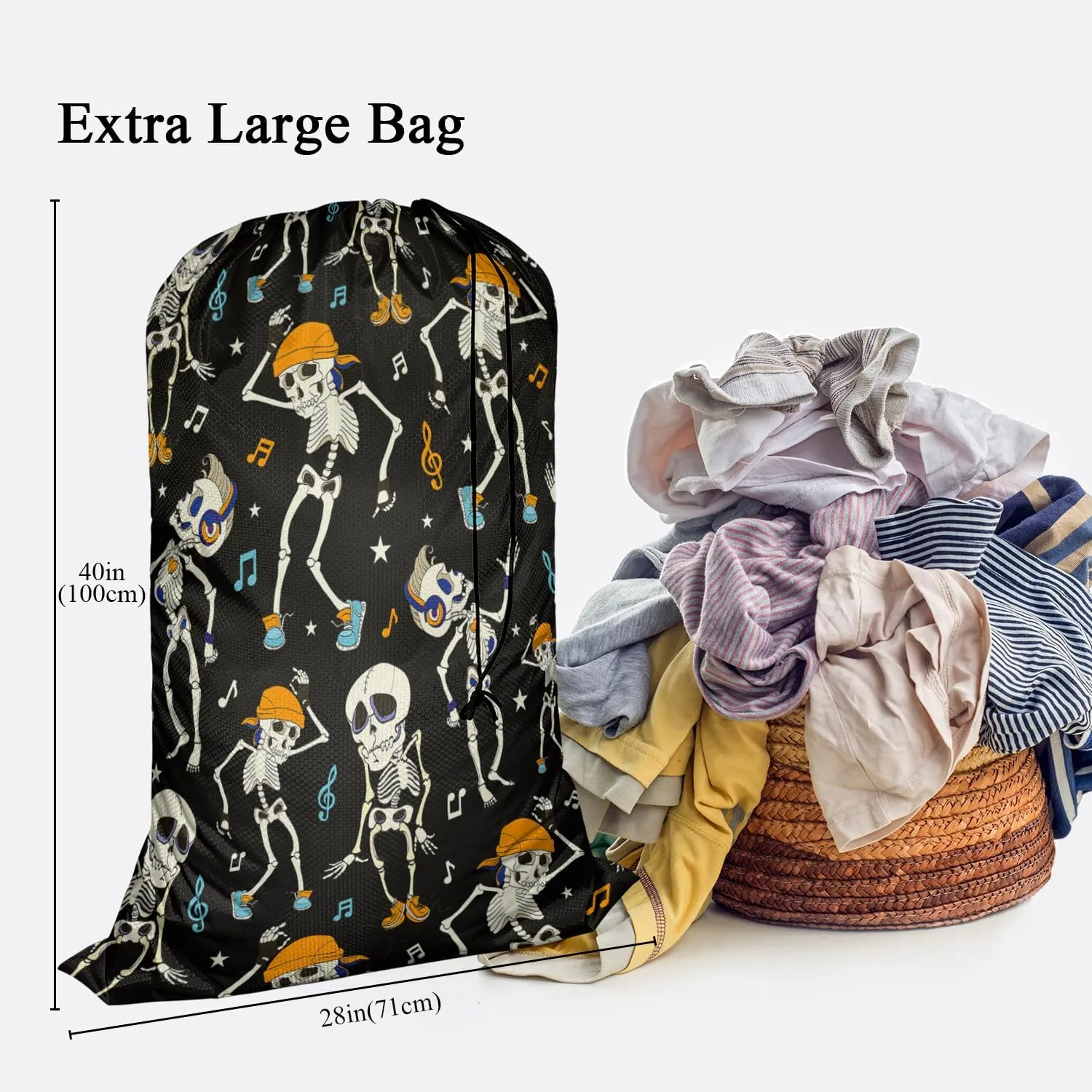 Swono Dancing Skeletons Heavy Duty Large Laundry Bags 1 Pack 28 x 40 inch Halloween Pattern XL Drawstring Travel Organizer Bag Fit Hamper Basket Camp Home College Dorm Tear Resistant Dirty Cloth Big