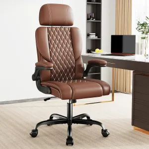 Sytas Executive Leather Office Chair, Comfy Desk Chair with Adjustable Headrest & Flip-up Padded Arms & Lumbar Support, Adjustable Hight and Tilt, Rolling Swivel, Brown