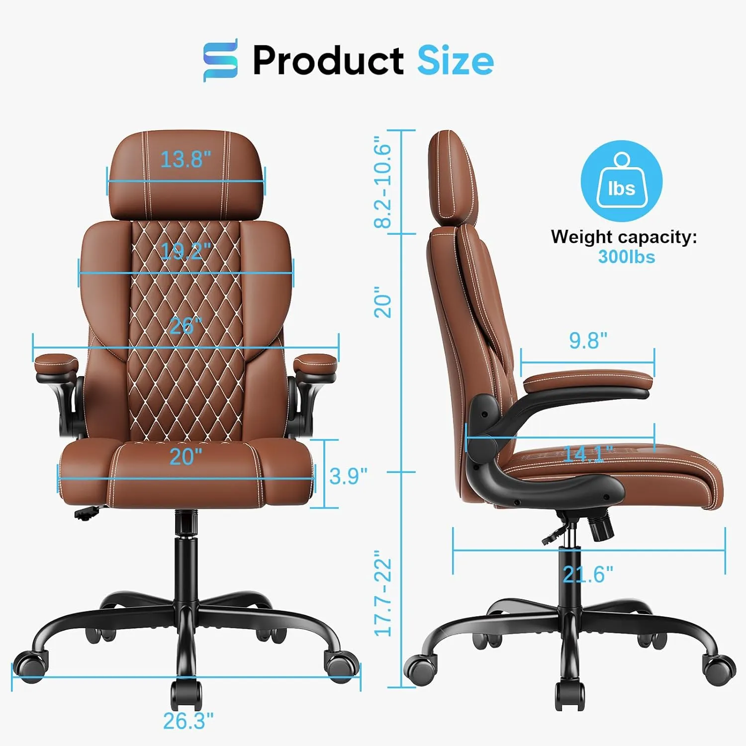 Sytas Executive Leather Office Chair, Comfy Desk Chair with Adjustable Headrest & Flip-up Padded Arms & Lumbar Support, Adjustable Hight and Tilt, Rolling Swivel, Brown