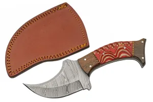 SZCO Supplies DM-1333RD Twisted Wood Handled Damascus Steel Upsweep Outdoor Hunting/Camping Knife with Sheath, 7.5" Length, Red
