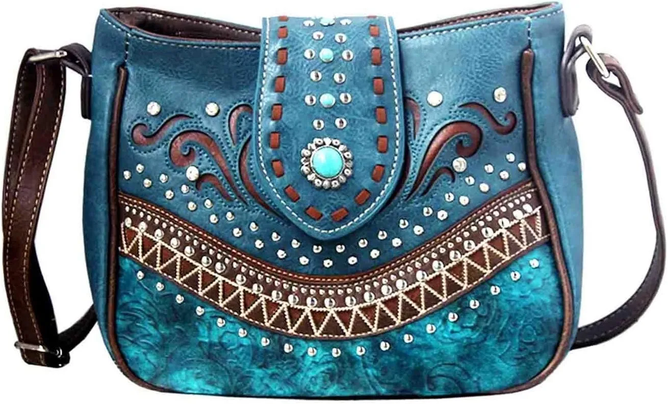 Texas West Western Tooled Leather Concho Buckle Laser Cut Embroidered Rhinestone Concealed Crossbody Messenger Bag
