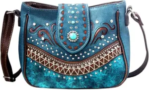 Texas West Western Tooled Leather Concho Buckle Laser Cut Embroidered Rhinestone Concealed Crossbody Messenger Bag