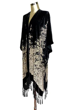 The Art Deco Mini Floral Silk Velvet Burnout Beaded Evening Wrap - Black