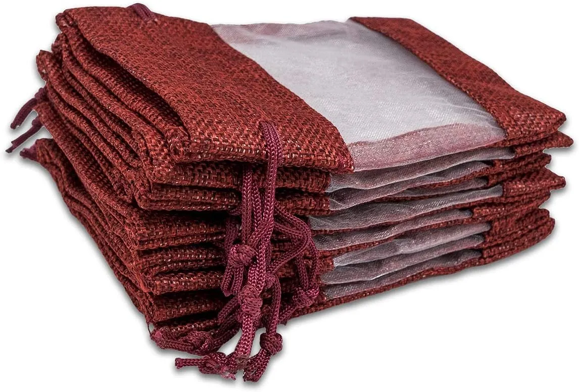 TheDisplayGuys - 96-Pack 6.5x8.5 Linen Burlap & Sheer Organza Gift Bag with Drawstring for Party Favors, Presents, Samples & Treats Mesh Pouch (Maroon, Large)