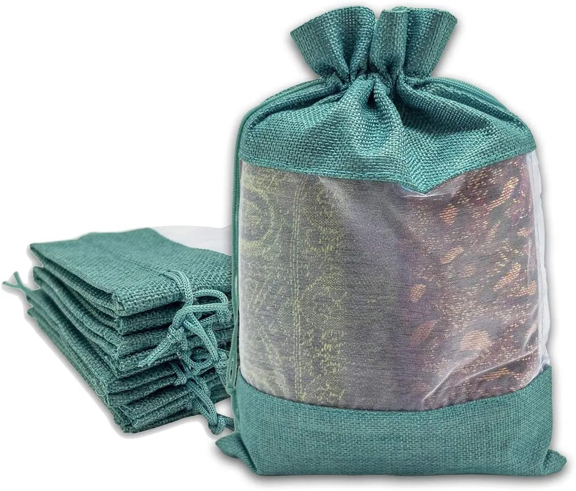 TheDisplayGuys - 96-Pack 7.5x11.5 Linen Burlap & Sheer Organza Gift Bag with Drawstring for Party Favors, Presents, Samples & Treats Mesh Pouch (Teal, X-Large)