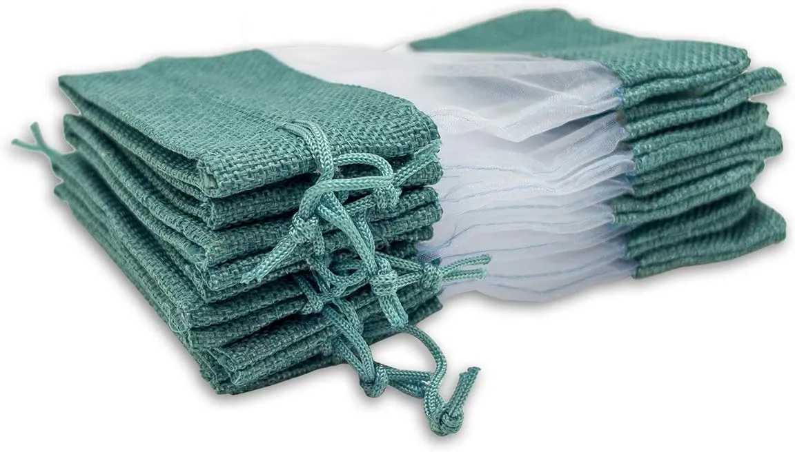 TheDisplayGuys - 96-Pack 7.5x11.5 Linen Burlap & Sheer Organza Gift Bag with Drawstring for Party Favors, Presents, Samples & Treats Mesh Pouch (Teal, X-Large)