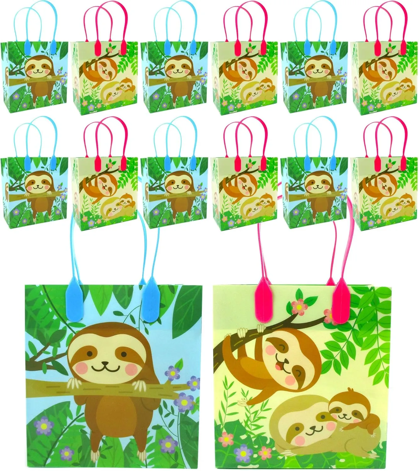Tiny Mills Sloth Themed Party Favor Bags Treat Bags with Handles, Sloth Candy Bags for Birthday Party Goodie Bags, Party Supply Decoration, Pack of 12