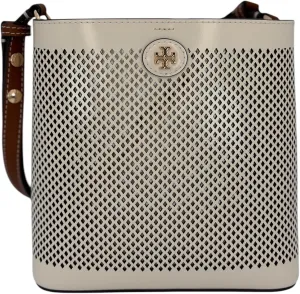 Tory Burch Perf Small Tote Bag Perforated Leather with Adjustable Strap, Beige
