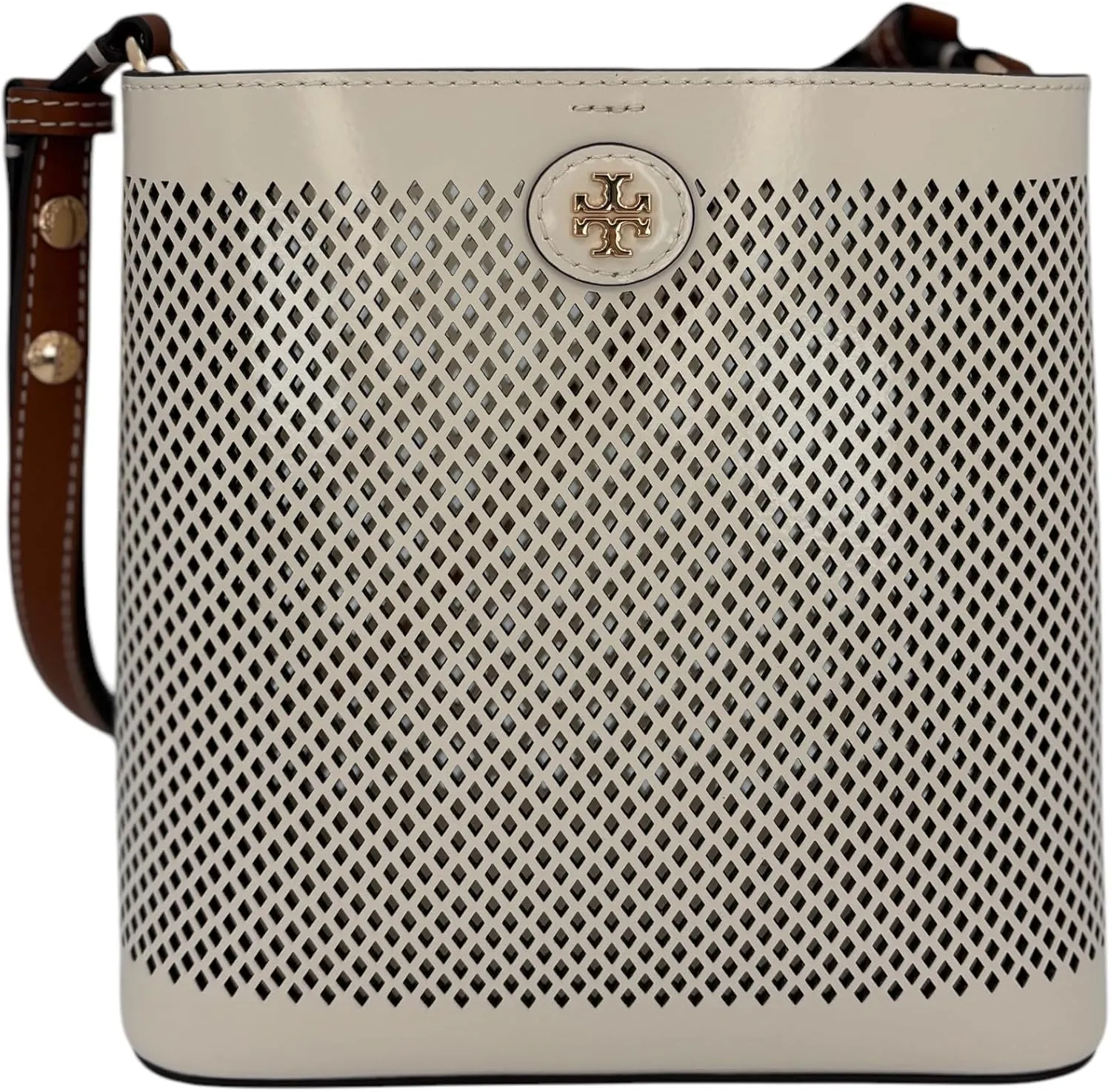 Tory Burch Perf Small Tote Bag Perforated Leather with Adjustable Strap, Beige
