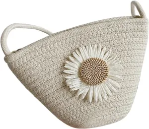 Tote Bag for Women Cotton Satchel Purse Hand-Woven Shoulder Handbag Hobo Bag Flower Crossbody Bags for Women Beige(Daisy)