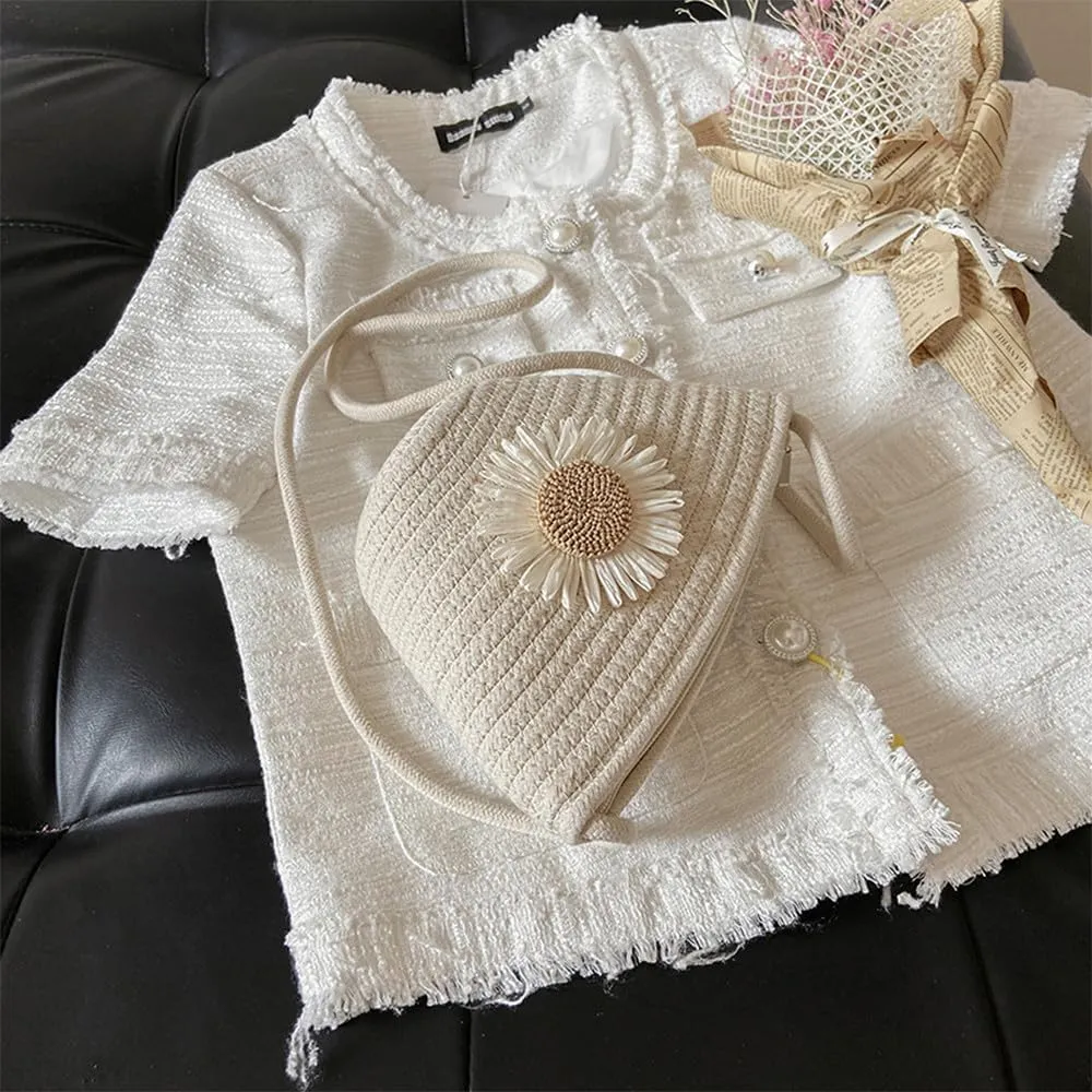 Tote Bag for Women Cotton Satchel Purse Hand-Woven Shoulder Handbag Hobo Bag Flower Crossbody Bags for Women Beige(Daisy)