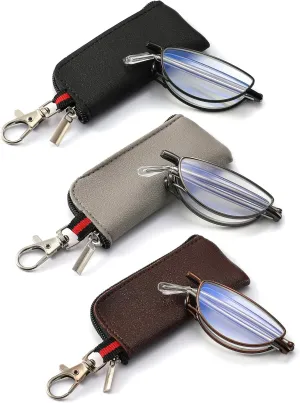 touk Folding Reading Glasses Anti Blue Light, Ultra Light Compact Half Moon Readers with Portable Keychain Bags for Men Women