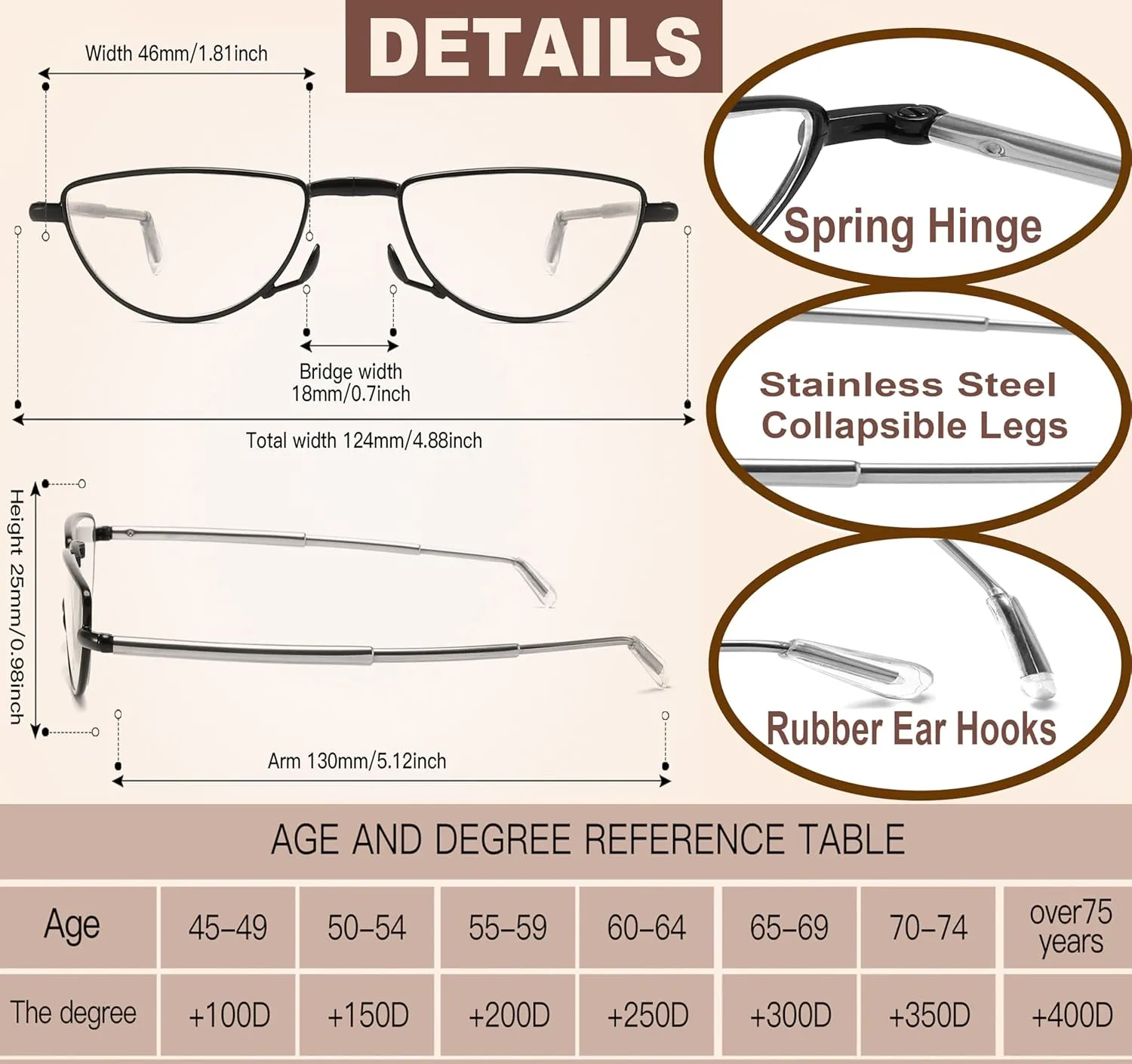 touk Folding Reading Glasses Anti Blue Light, Ultra Light Compact Half Moon Readers with Portable Keychain Bags for Men Women