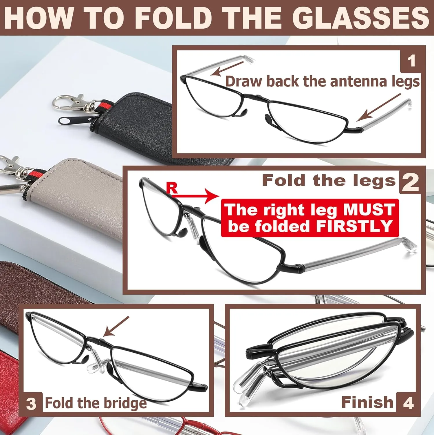 touk Folding Reading Glasses Anti Blue Light, Ultra Light Compact Half Moon Readers with Portable Keychain Bags for Men Women