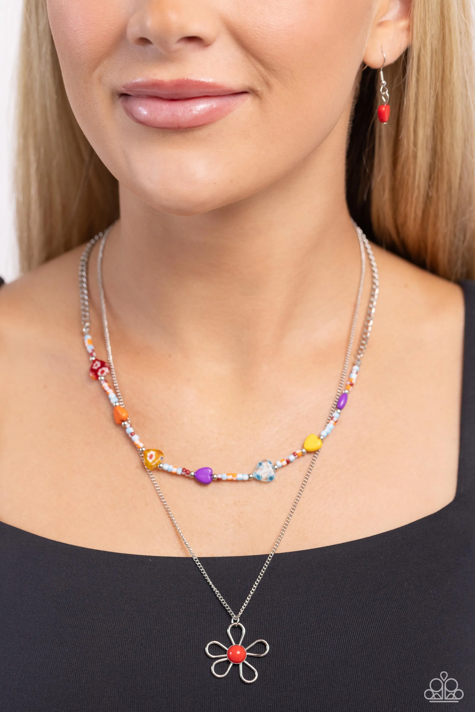 Traditionally Trendy - Red - Colored Seed Bead, Heart, and Flower Tiered Paparazzi Short Necklace