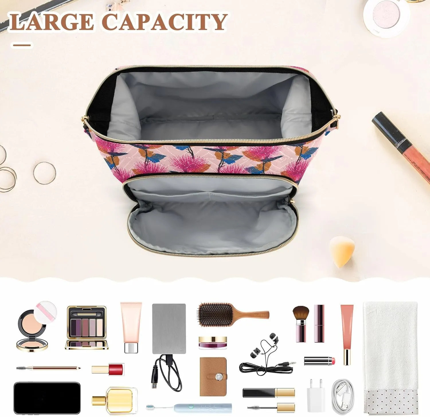Travel Quilted Makeup Bag Toiletry Organizer Pouch Storage Make Up Bag Large Quilted Cosmetic Bag Wide Open T1