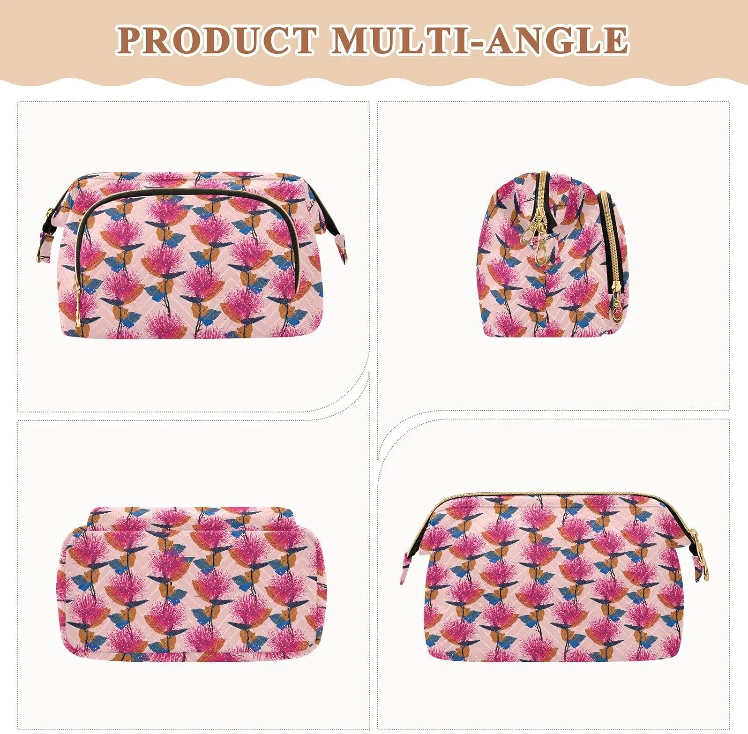Travel Quilted Makeup Bag Toiletry Organizer Pouch Storage Make Up Bag Large Quilted Cosmetic Bag Wide Open T1