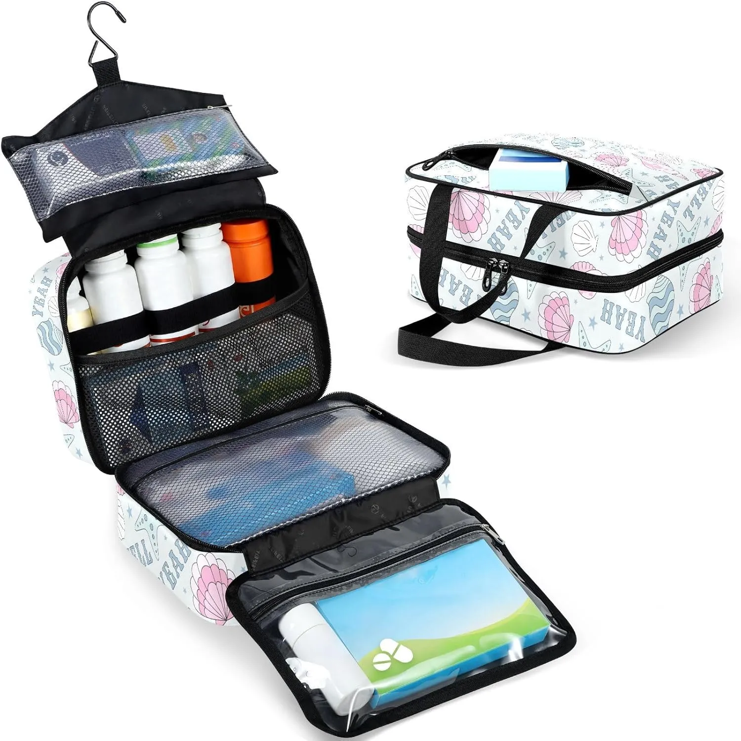 Travel Toiletry Bag for Woman/Men,Coastal Sea Shell with Conch Starfish Hanging Organizer Bag with Pockets Portable Folding Travel Case Bags for Makeup Cosmetic Toiletries Storage Traveling-M
