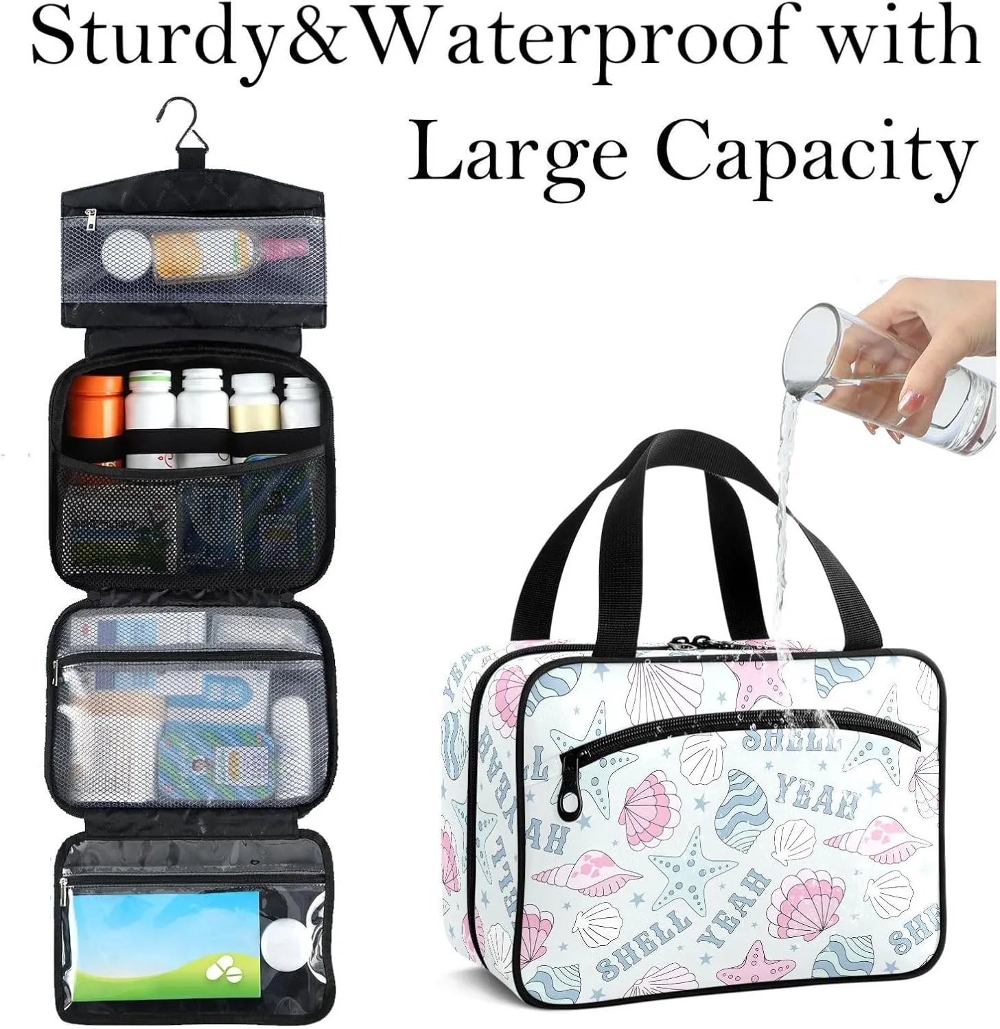 Travel Toiletry Bag for Woman/Men,Coastal Sea Shell with Conch Starfish Hanging Organizer Bag with Pockets Portable Folding Travel Case Bags for Makeup Cosmetic Toiletries Storage Traveling-M
