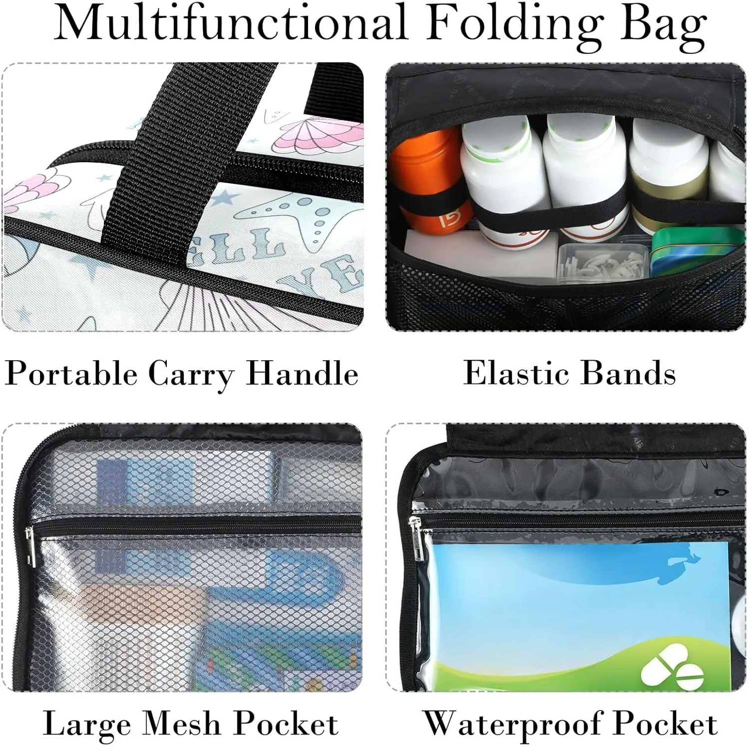 Travel Toiletry Bag for Woman/Men,Coastal Sea Shell with Conch Starfish Hanging Organizer Bag with Pockets Portable Folding Travel Case Bags for Makeup Cosmetic Toiletries Storage Traveling-M