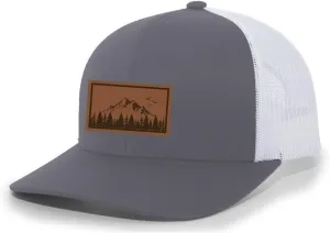 Trenz Shirt Company Mountain Scene Tamarak Pine Forest Laser Engraved Leather Patch Mesh Back Trucker Ha