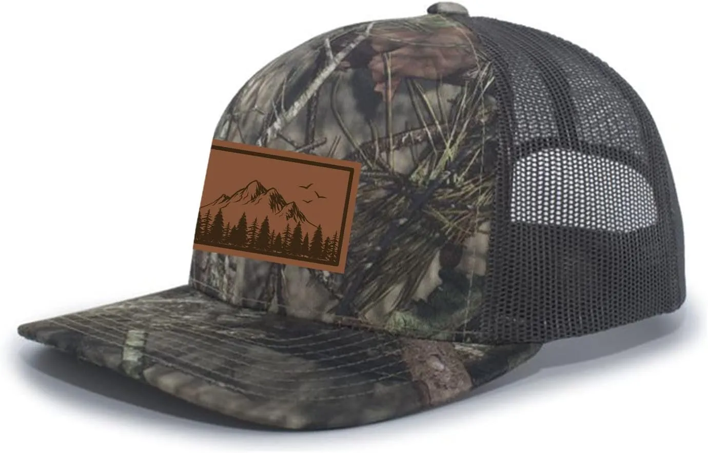 Trenz Shirt Company Mountain Scene Tamarak Pine Forest Laser Engraved Leather Patch Mesh Back Trucker Ha