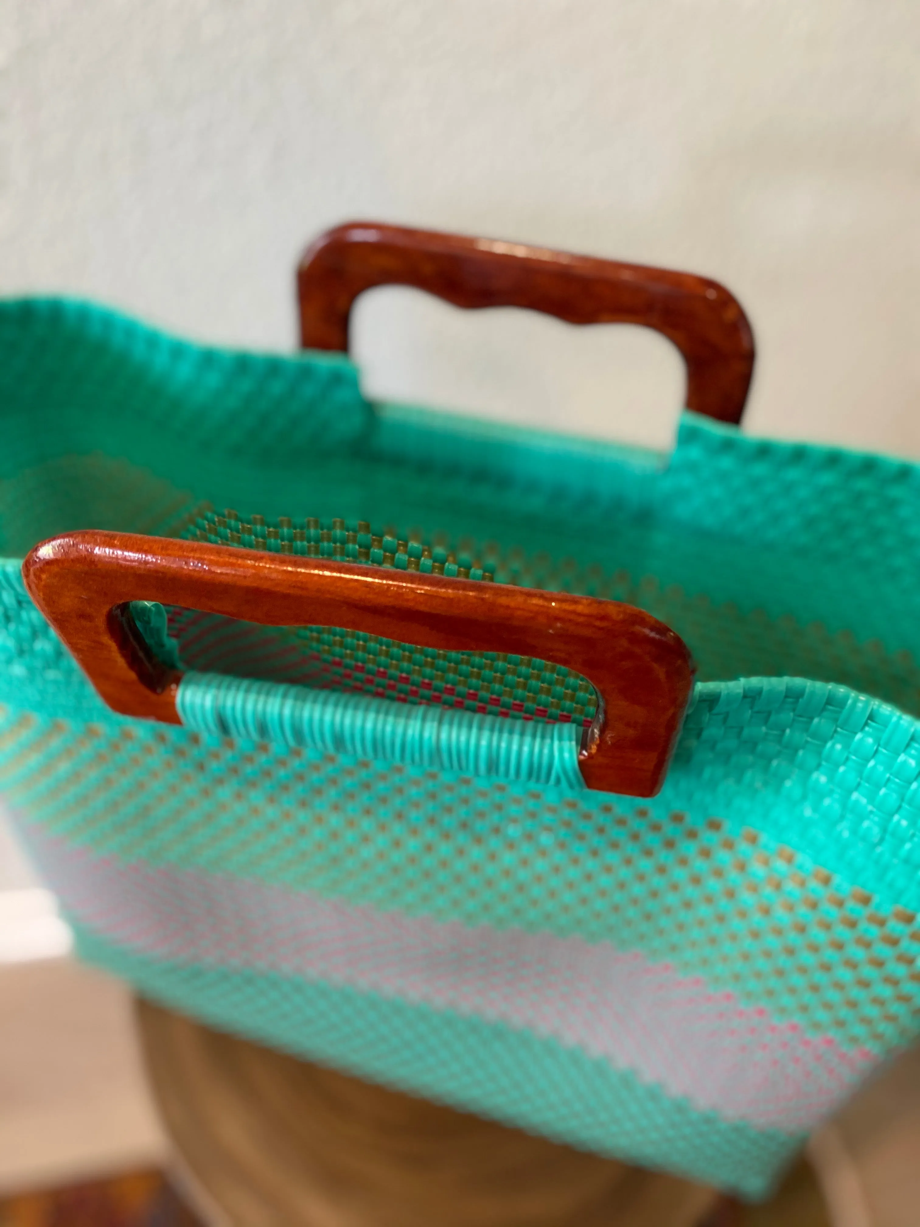 Turquoise Wood-Handled Woven Tote