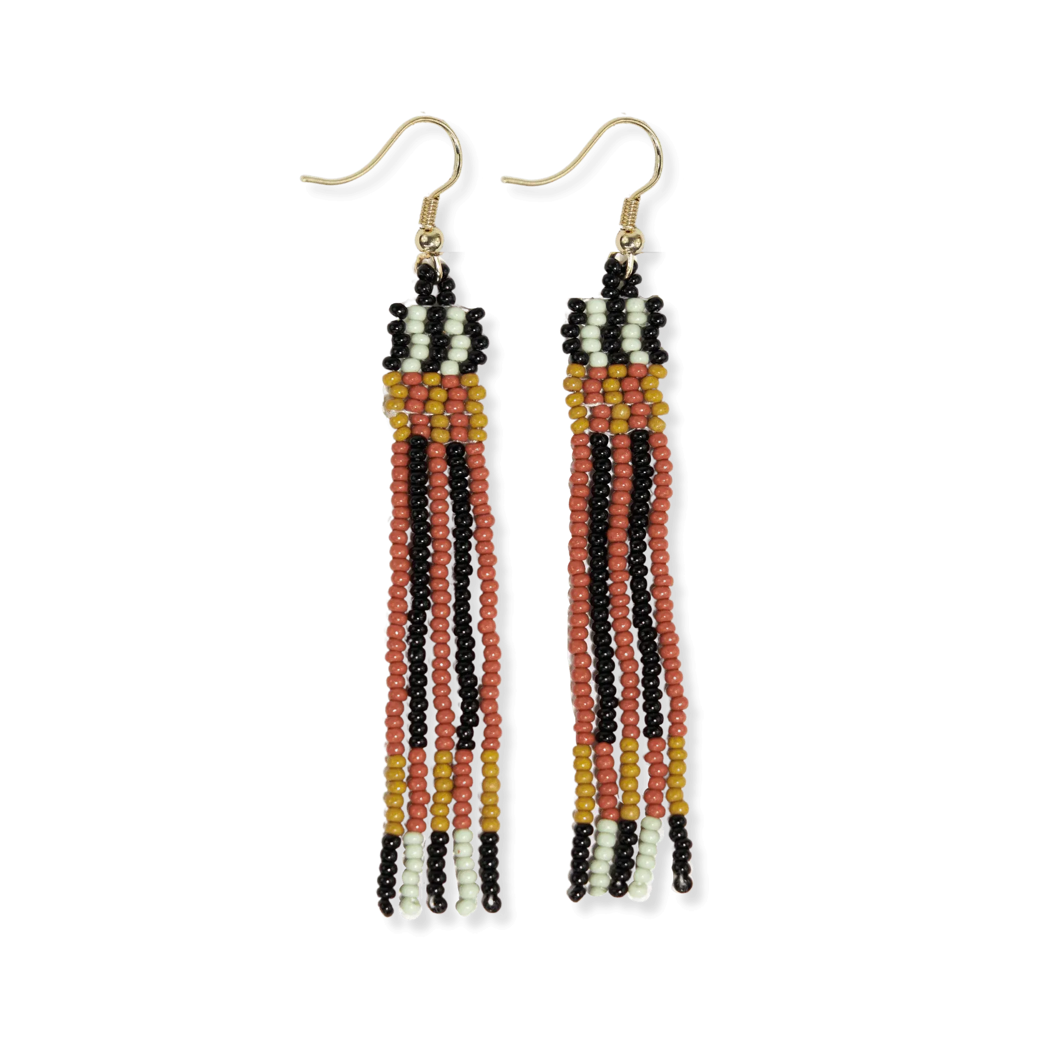 Two Color Grids Petite Beaded Fringe Earrings Greens   Rust
