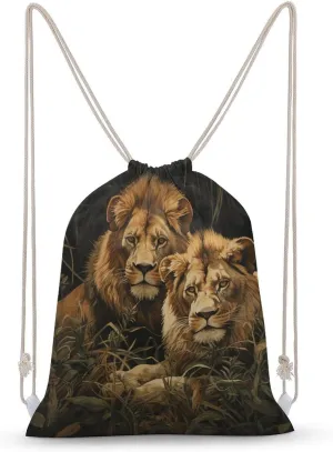 Two Lions Drawstring Backpack for Women Men Drawstring Bag for Travel Swimming Sports Gym Bag
