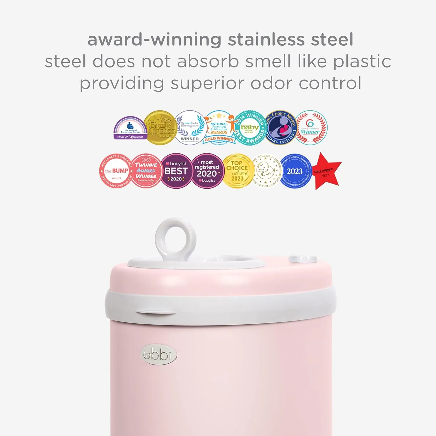 Ubbi Steel Diaper Pail, Odor Locking, No Special Bag Required, Award-Winning, Registry Must-Have, Blush Pink