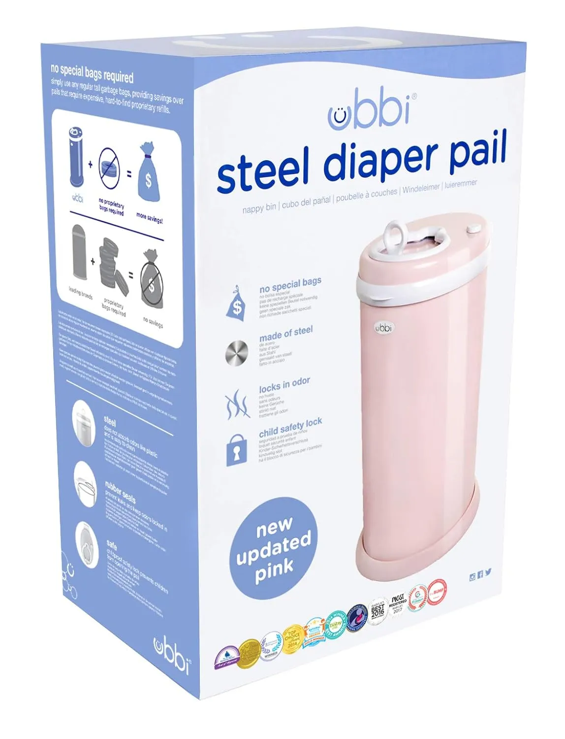 Ubbi Steel Diaper Pail, Odor Locking, No Special Bag Required, Award-Winning, Registry Must-Have, Blush Pink