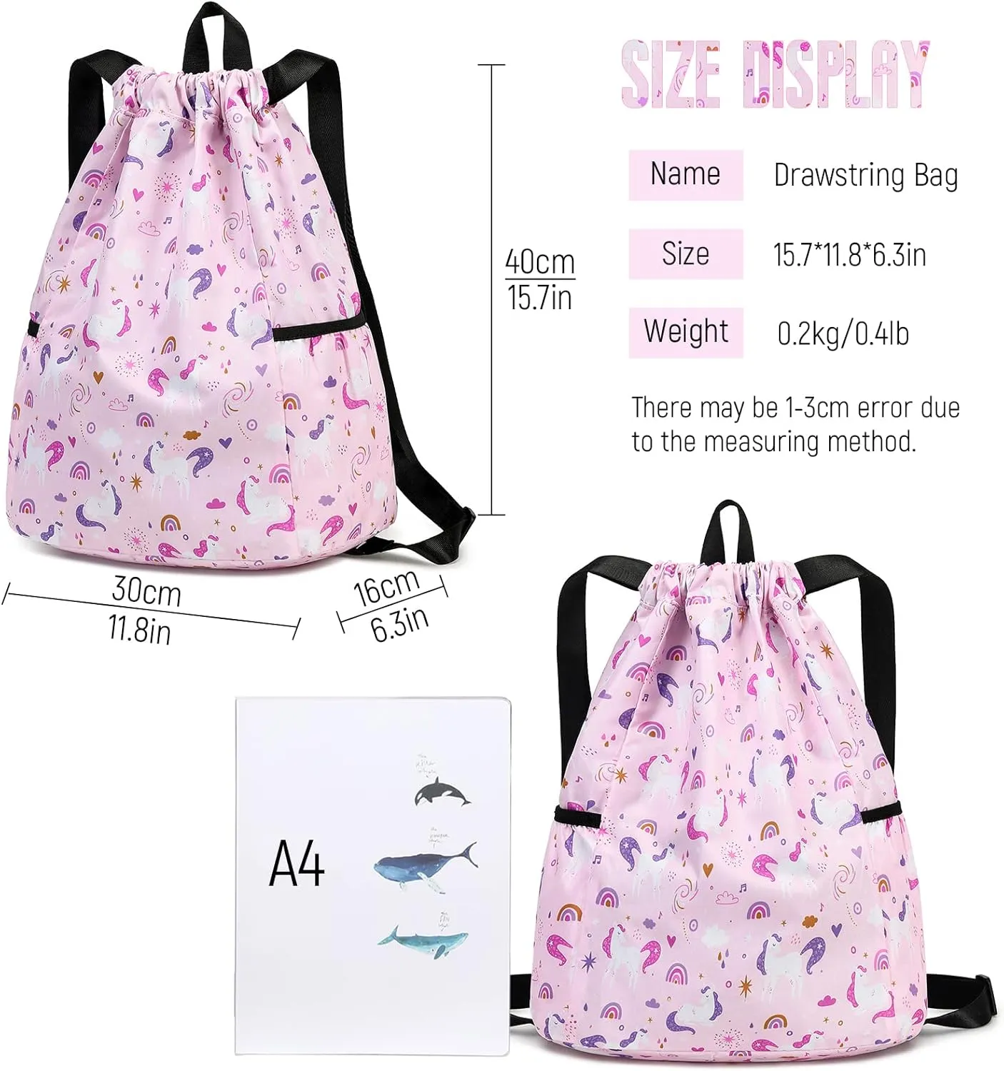 Unicorn Drawstring Back Kids Drawstring Bags Rainbow Gym String Backpack Bulk for Girls Boys Dance Waterproof Nylon Sports Rainbow Unicorn One Size Pink