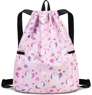Unicorn Drawstring Back Kids Drawstring Bags Rainbow Gym String Backpack Bulk for Girls Boys Dance Waterproof Nylon Sports Rainbow Unicorn One Size Pink