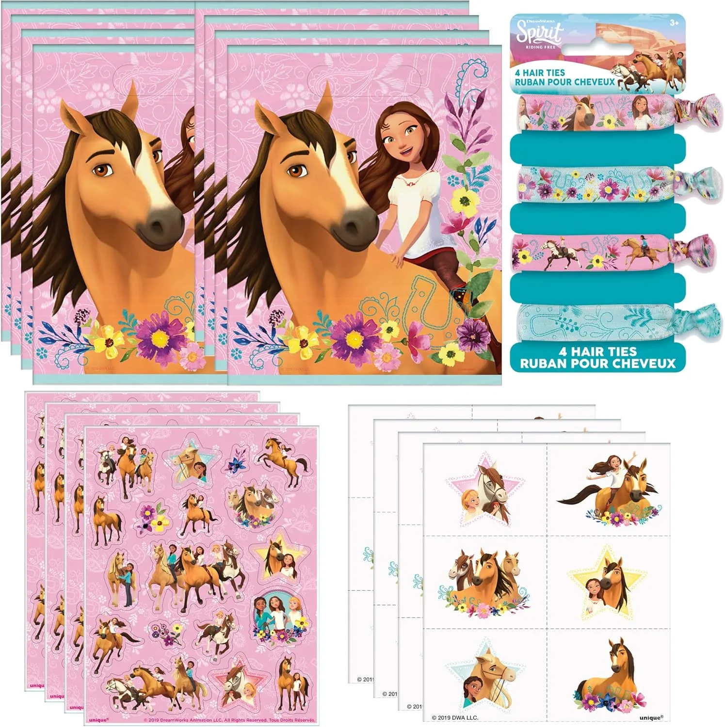 Unique Spirit: Riding Free Party Favor Bundle | Tattoo & Sticker Sheet, Hair Ties, Loot Bags | Kid's Birthday Party, Animated Movie Themed Event, Halloween, Officially Licensed by Unique