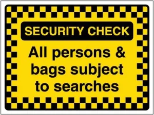V Safety Security Check - All Persons & Bags Subject To Searches - Pattern Border 200 x 150 mm - Self Adhesive Vinyl Safety Sign