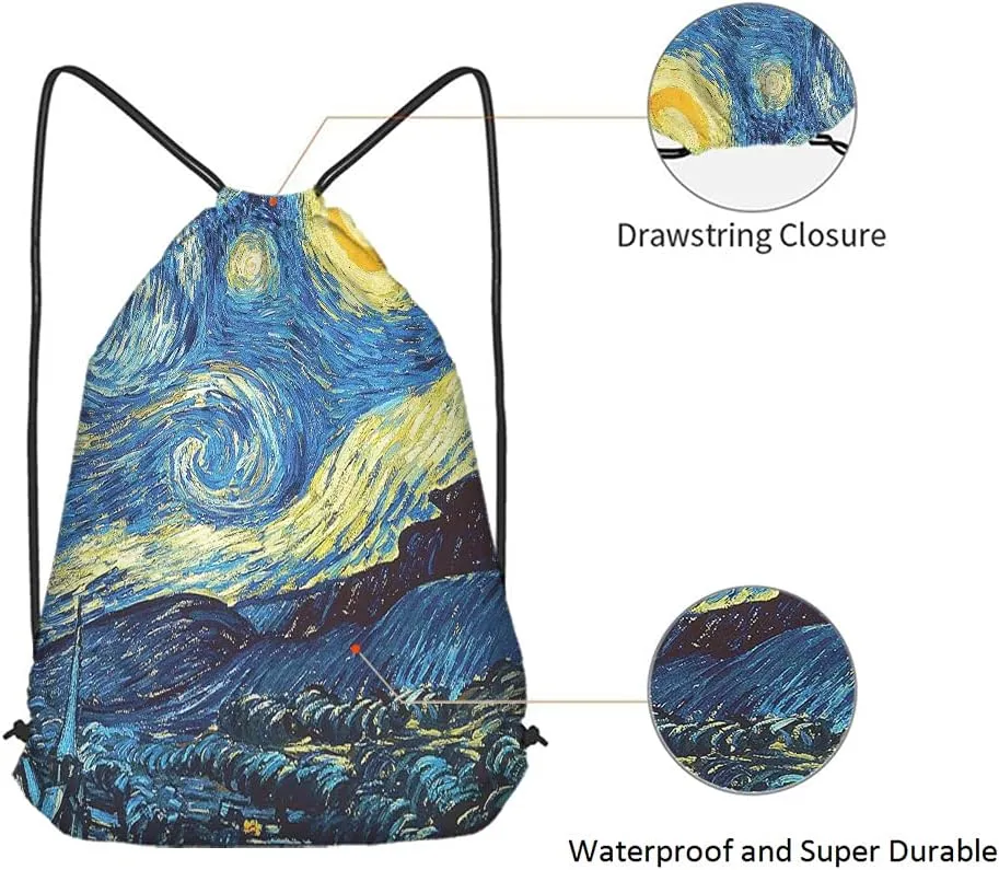 Van Gogh Drawstring Bags Backpack Bag Starry Night Classic Art Painting Moon Star Universe Vivid Color Magic Sport Gym Sack Drawstring Bag String Bag Yoga Bag for Men Women