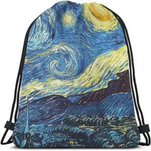 Van Gogh Drawstring Bags Backpack Bag Starry Night Classic Art Painting Moon Star Universe Vivid Color Magic Sport Gym Sack Drawstring Bag String Bag Yoga Bag for Men Women