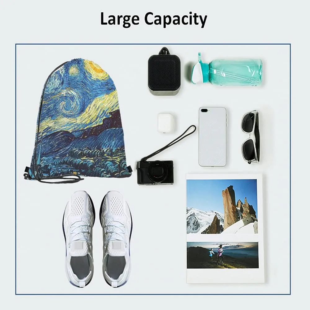 Van Gogh Drawstring Bags Backpack Bag Starry Night Classic Art Painting Moon Star Universe Vivid Color Magic Sport Gym Sack Drawstring Bag String Bag Yoga Bag for Men Women