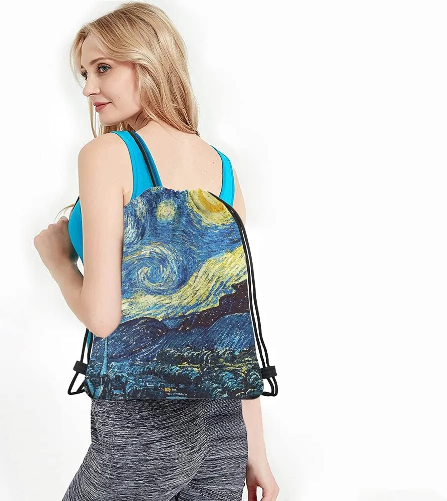 Van Gogh Drawstring Bags Backpack Bag Starry Night Classic Art Painting Moon Star Universe Vivid Color Magic Sport Gym Sack Drawstring Bag String Bag Yoga Bag for Men Women