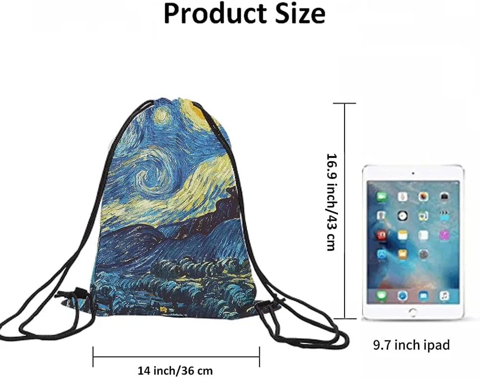 Van Gogh Drawstring Bags Backpack Bag Starry Night Classic Art Painting Moon Star Universe Vivid Color Magic Sport Gym Sack Drawstring Bag String Bag Yoga Bag for Men Women