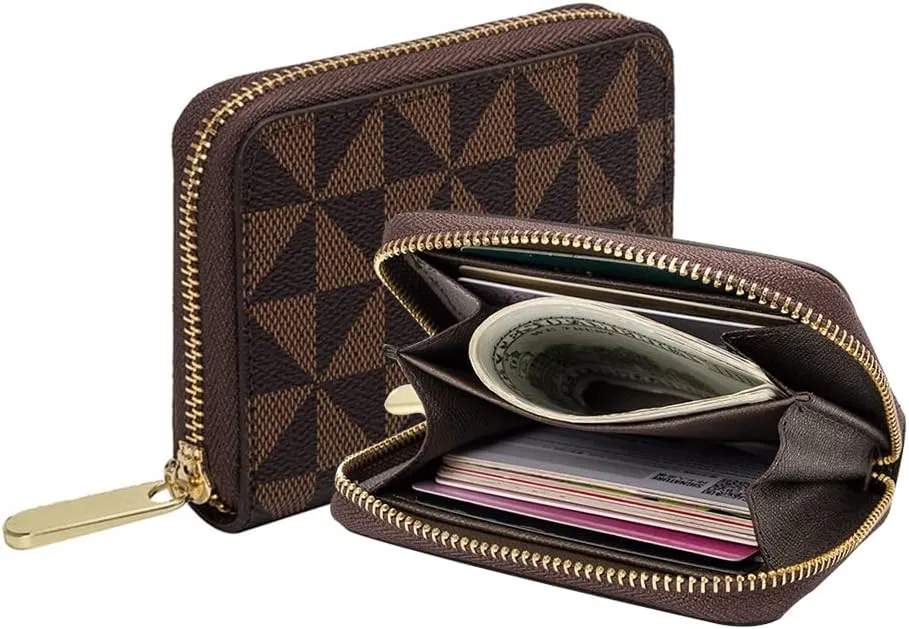 Veki Women's Credit Card Holder, RFID Leather Zipper Wallet, Small Zipper Card Case for Men and Women (Brown)
