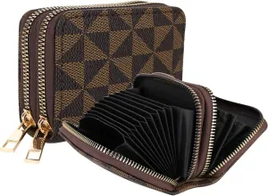 Veki Women's Credit Card Holder, RFID Leather Zipper Wallet, Small Zipper Card Case for Men and Women (Double Layer-Brown)