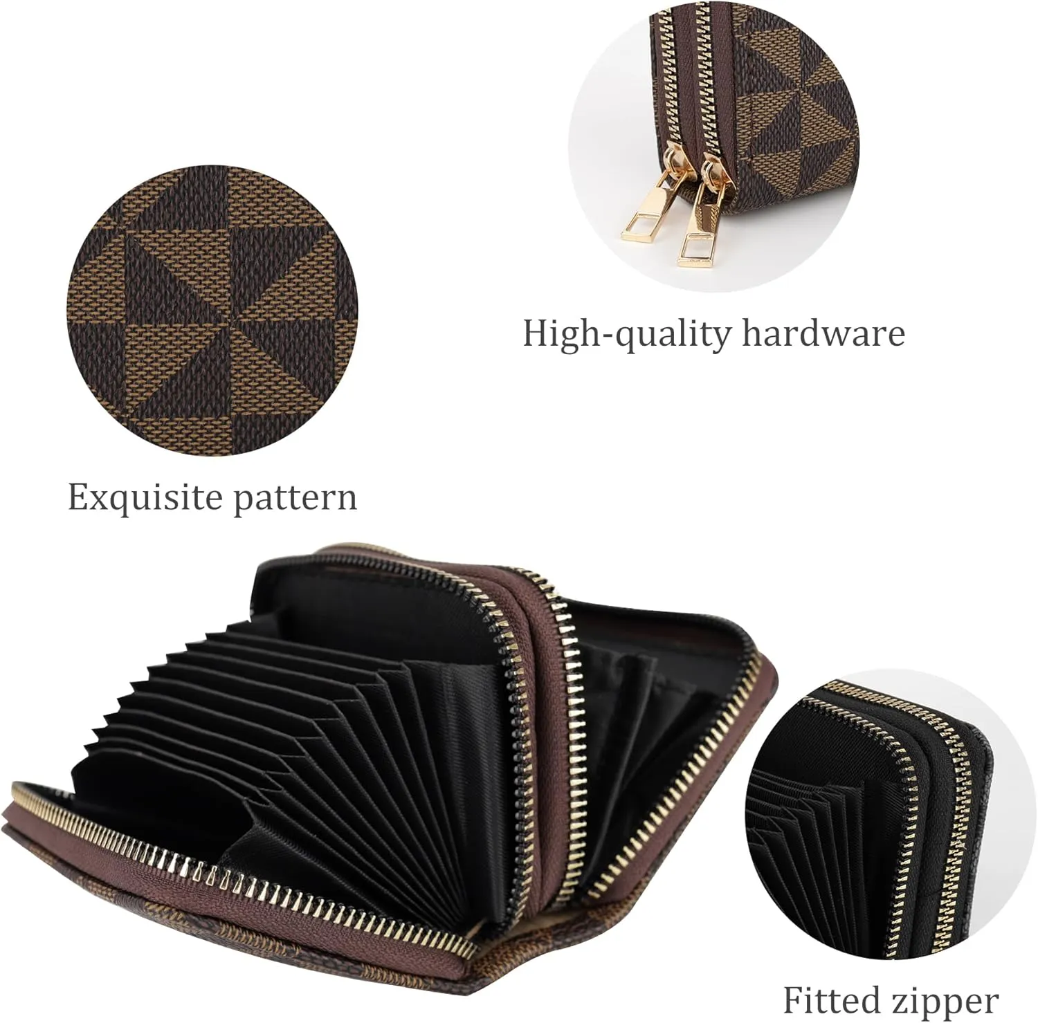 Veki Women's Credit Card Holder, RFID Leather Zipper Wallet, Small Zipper Card Case for Men and Women (Double Layer-Brown)