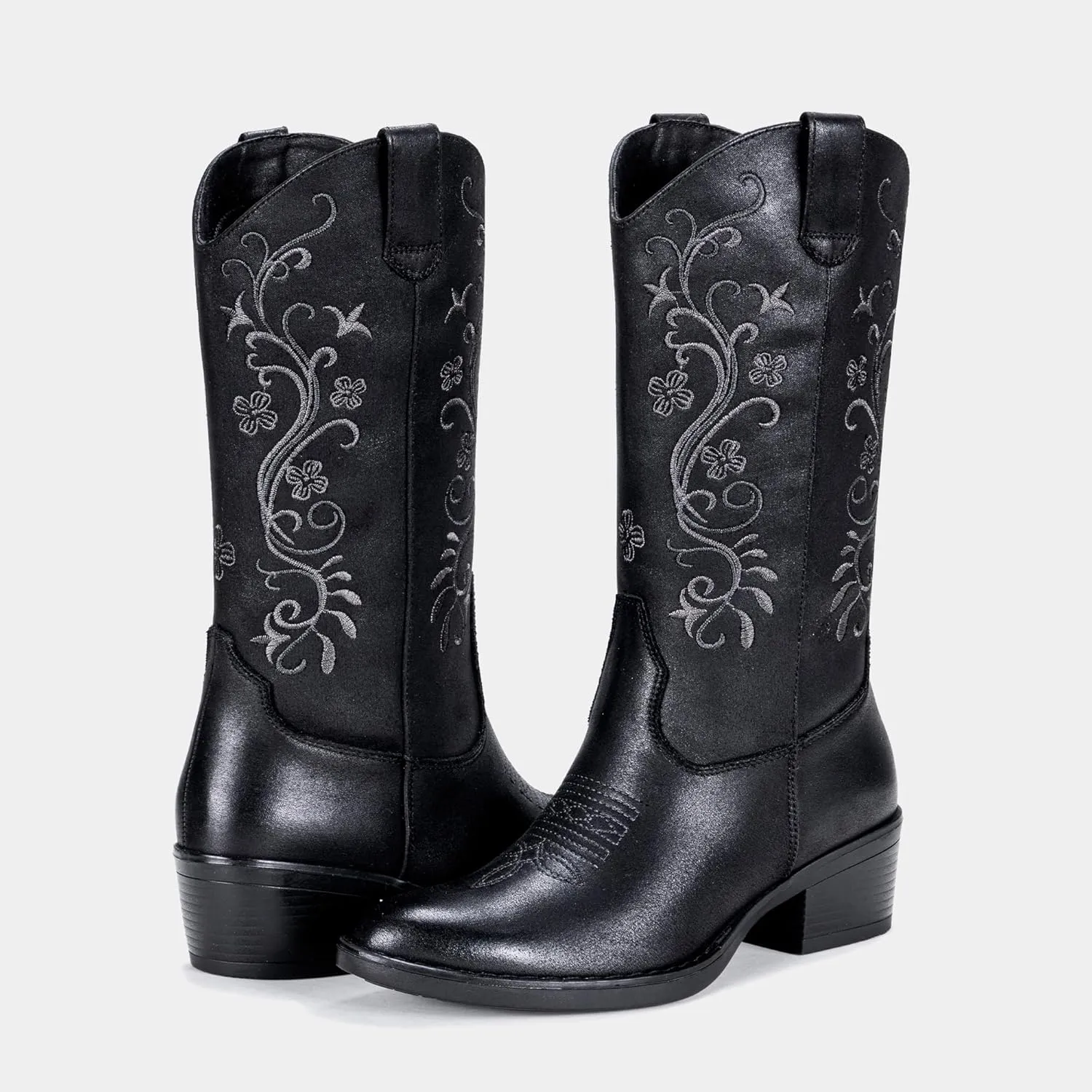 Vepose Women's Cowboy Boots, Embroidered Western Mid-Calf 9802 Cowgirl Boots, Pointed Toe Pull on Boots with Chunky Heel