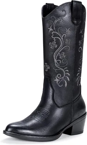 Vepose Women's Cowboy Boots, Embroidered Western Mid-Calf 9802 Cowgirl Boots, Pointed Toe Pull on Boots with Chunky Heel