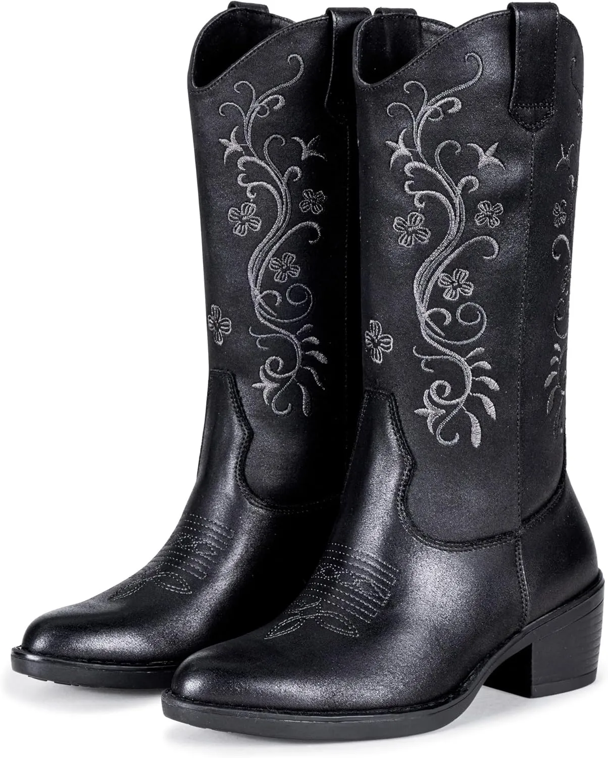 Vepose Women's Cowboy Boots, Embroidered Western Mid-Calf 9802 Cowgirl Boots, Pointed Toe Pull on Boots with Chunky Heel