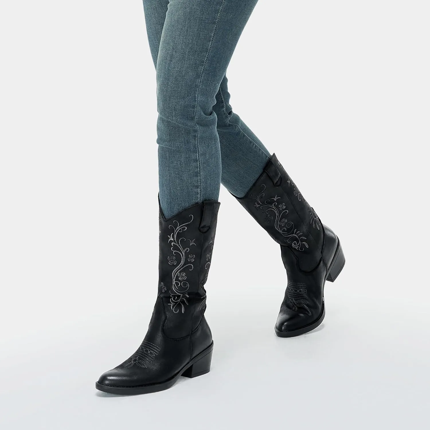 Vepose Women's Cowboy Boots, Embroidered Western Mid-Calf 9802 Cowgirl Boots, Pointed Toe Pull on Boots with Chunky Heel