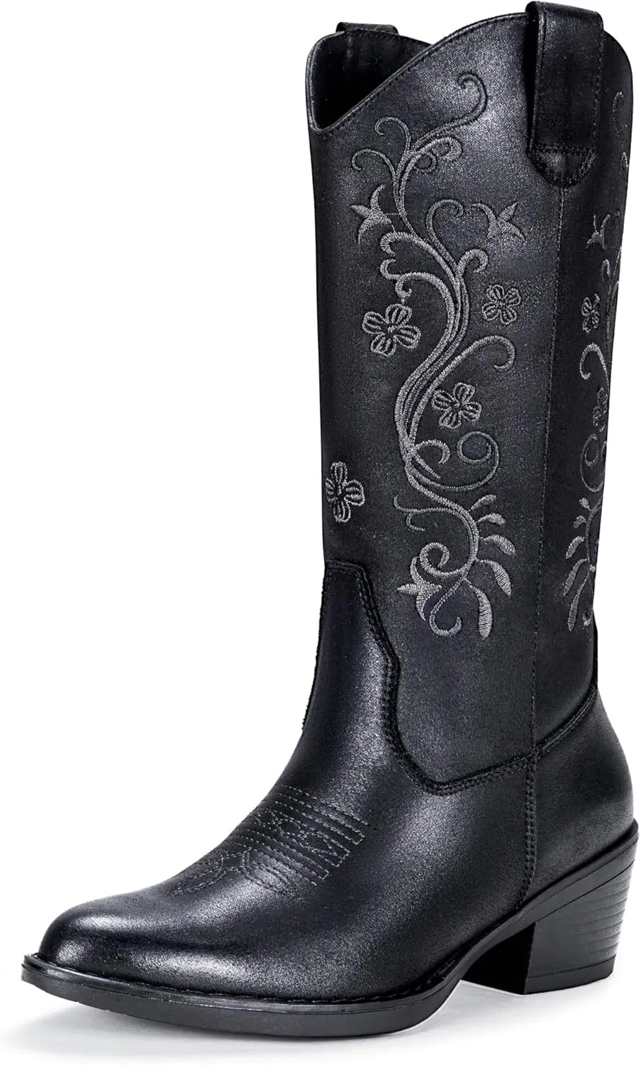 Vepose Women's Cowboy Boots, Embroidered Western Mid-Calf 9802 Cowgirl Boots, Pointed Toe Pull on Boots with Chunky Heel
