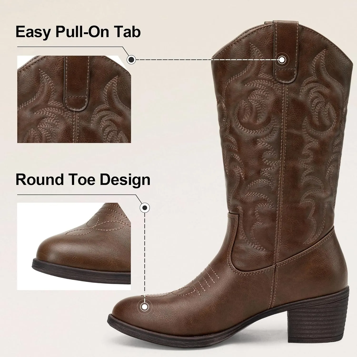 Vepose Women's Cowboy Boots Western Cowgirl Round Toe Mid Calf Boots for Women